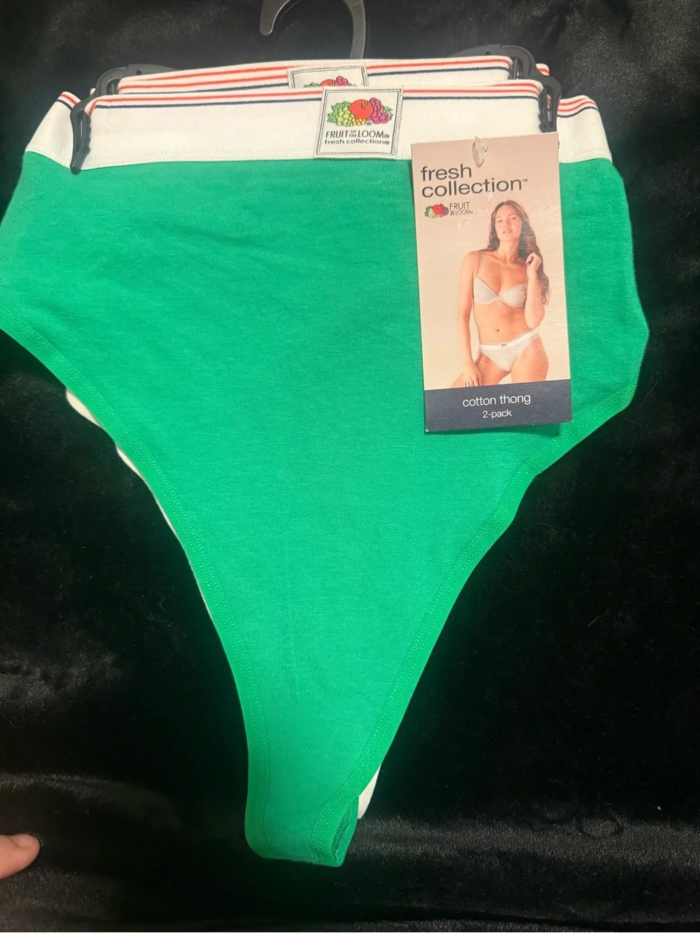 Fruit of the Loom Green and White Cotton Thong Set with Striped Waistband